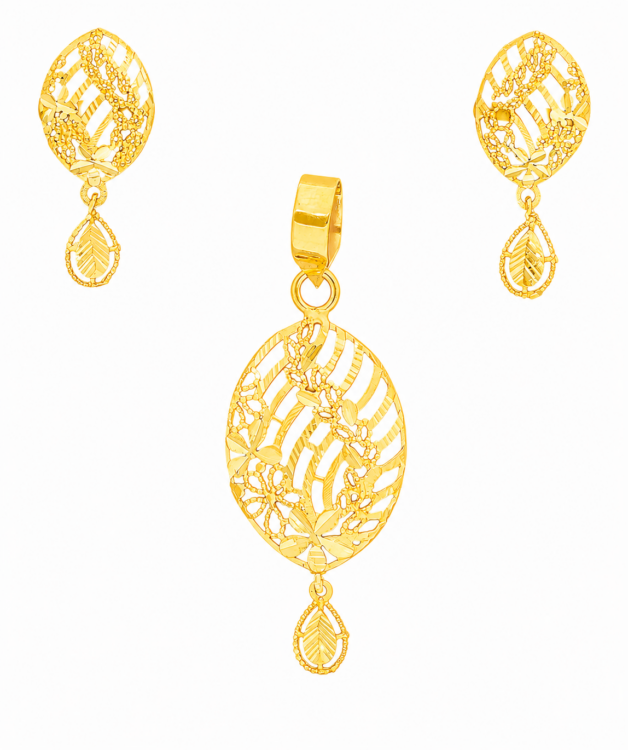 Nature-Inspired Oval Gold Pendant Set with Matching Drop Earrings for Women