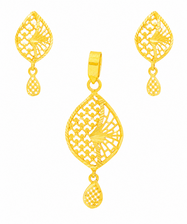 Elegant Leaf Motif Gold Pendant Set with Designer Drop Earrings for Women