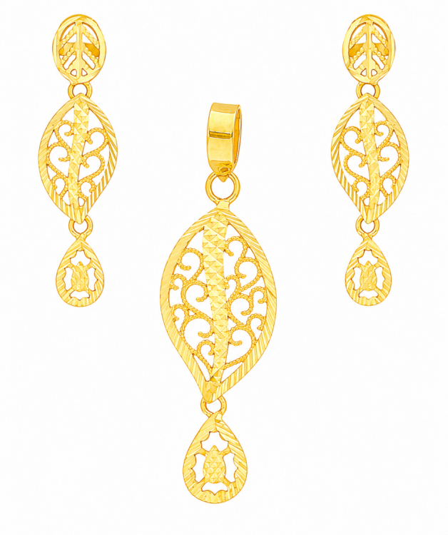 Royal Leaf Vine Gold Pendant Set with Matching Designer Drop Earrings for Women