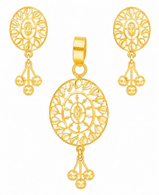 Royal Circular Floral Gold Pendant Set with Designer Drop Earrings for Women