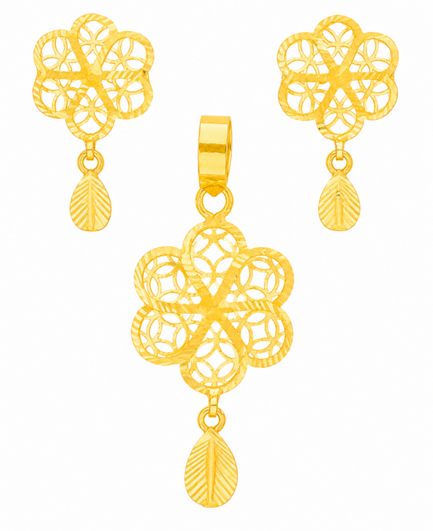 Blooming Floral Gold Pendant Set with Elegant Drop Earrings for Women