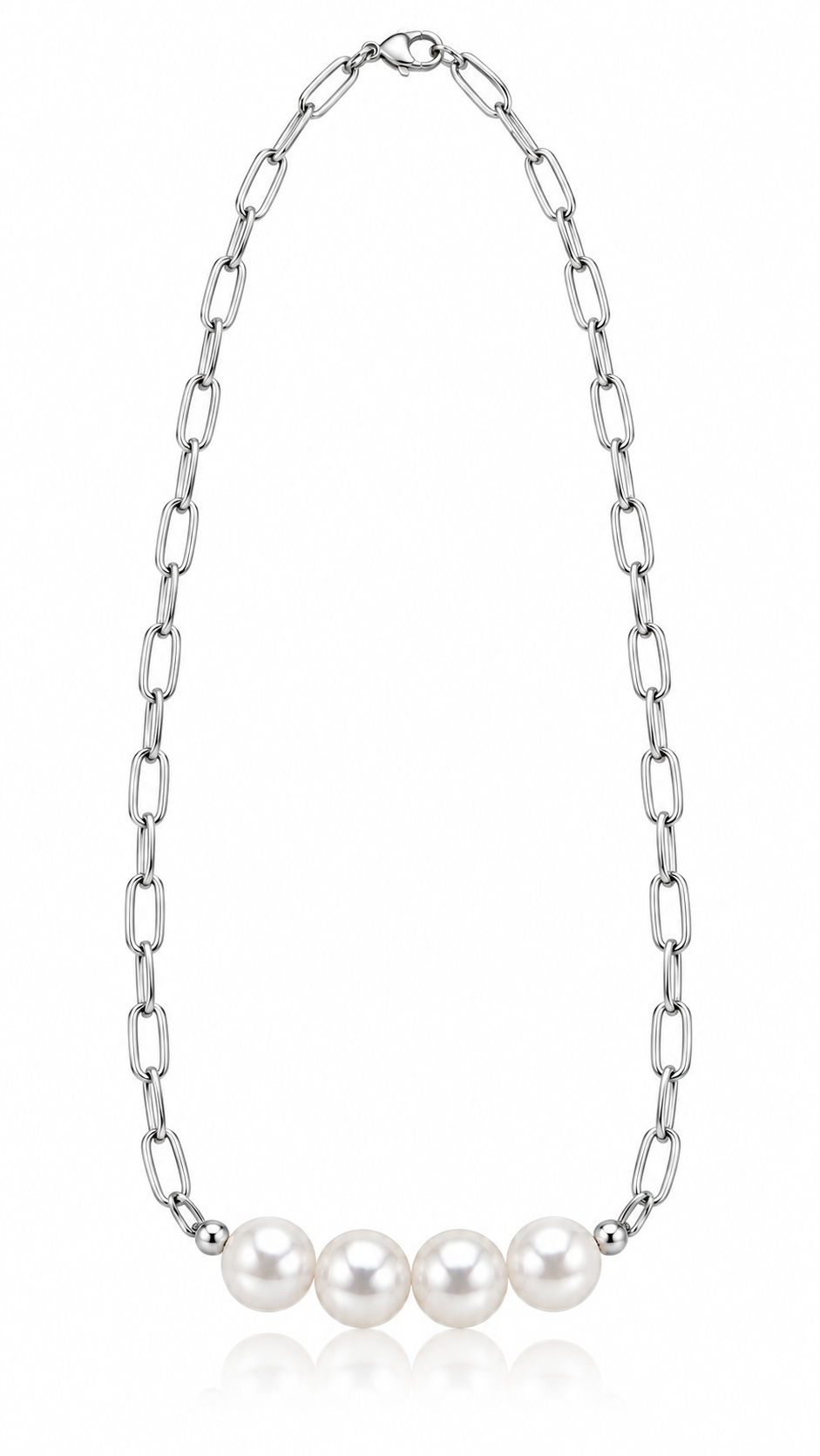 Elegant Silver-Tone Pearl Link Chain Necklace