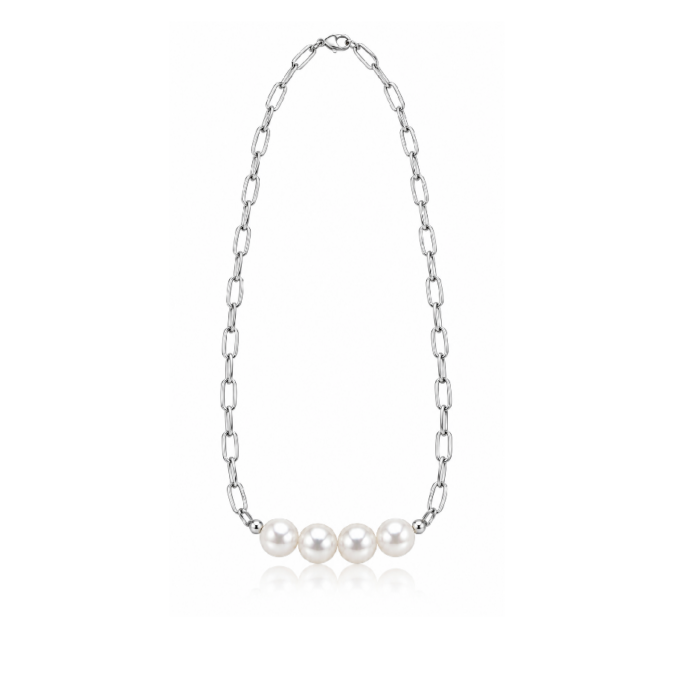 TGD0011 Elegant Silver-Tone Pearl Link Chain Necklace