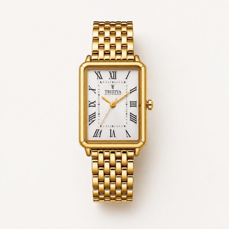 Tritiya Élégance Rectangular Gold-Tone Women's Analog Watch with Roman Dial