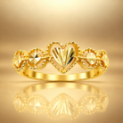 Elegant Heart & Floral Motif Gold Ring with Diamond-Cut Finish