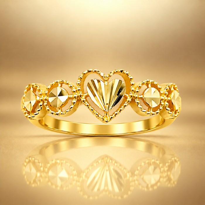 P34CT0802 Elegant Heart & Floral Motif Gold Ring with Diamond-Cut Finish