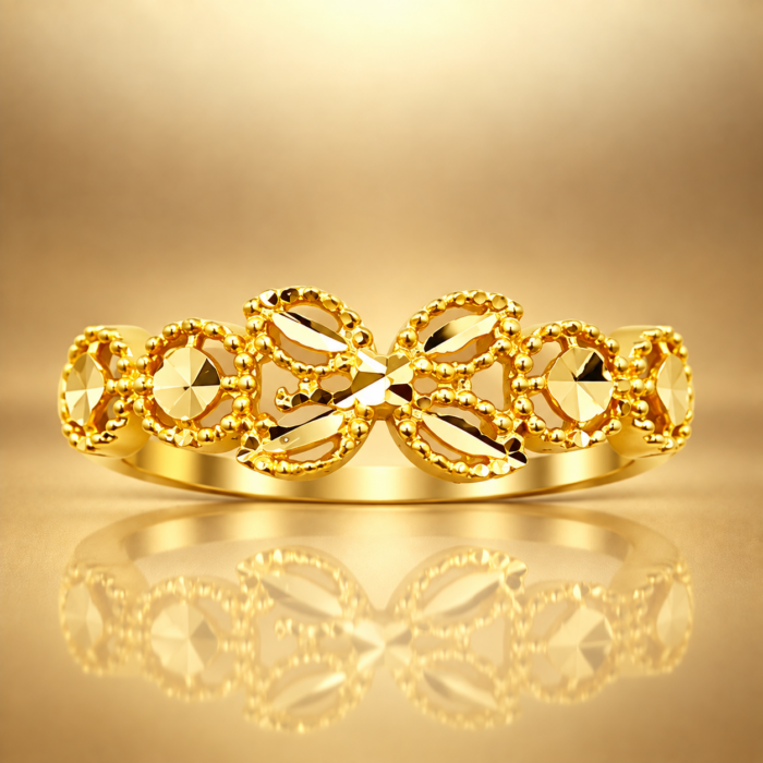 P34CT0815 Elegant Dual Floral Motif Gold Ring with Beaded Detailing