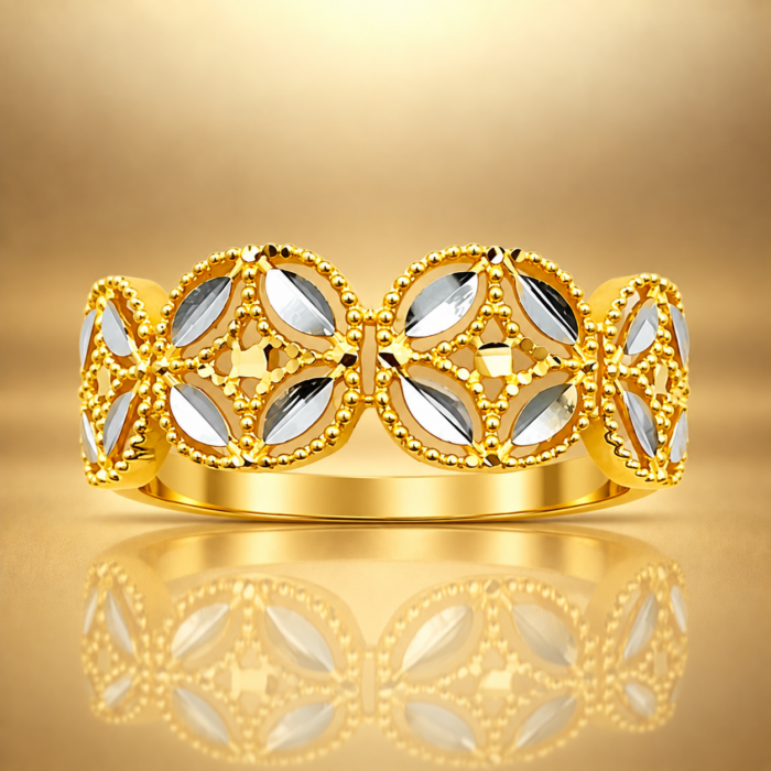 P34T0816 Elegant Two-Tone Leaf Motif Beaded Gold Finger Ring