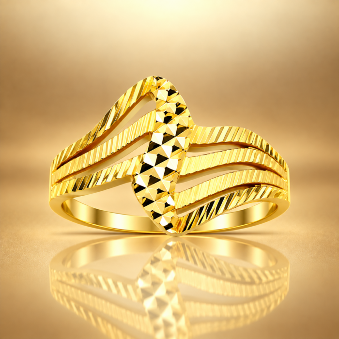 PCT9A567 Elegant Gold Textured Wave & Geometric Design Finger Ring