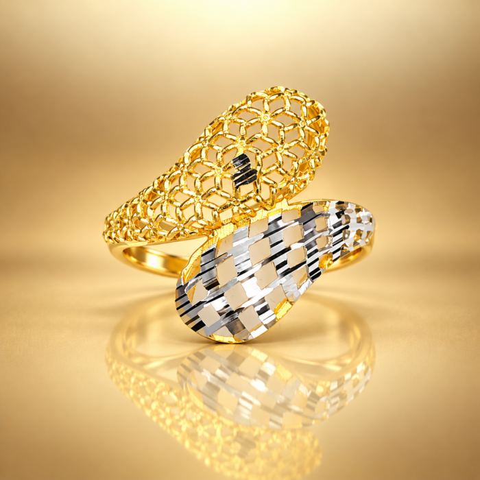 PCT36A068 Floral Mesh Dual-Tone Gold Ring with Diamond-Cut Texture