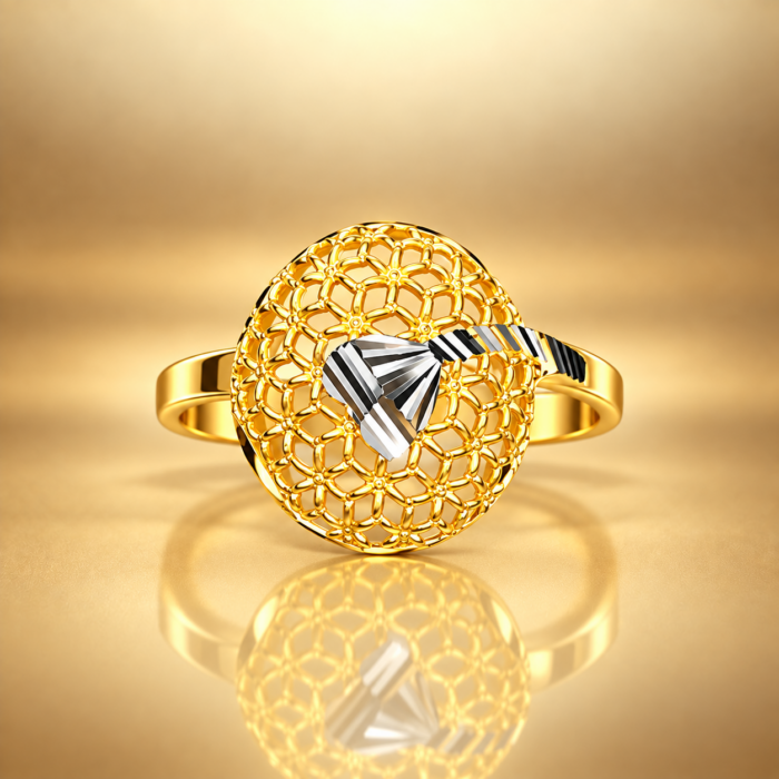 PCTMIX036 Elegant Floral Dome Gold Plated Statement Ring with Silver Accent for Women