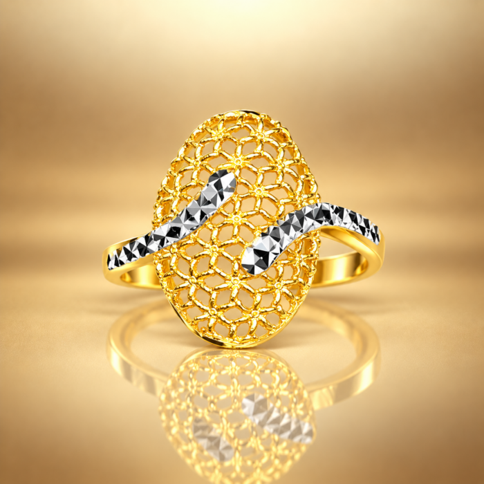 PCTMIX045 Elegant Floral Dual-Tone Gold Ring with Diamond-Cut Finish