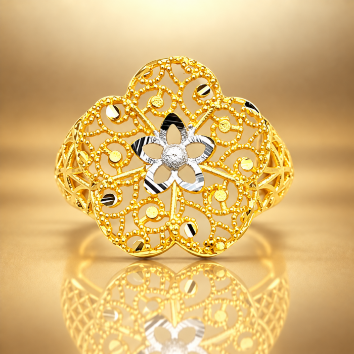 PCTMIX087 Elegant Floral Beaded Gold Plated Statement Ring with Silver Accent for Women