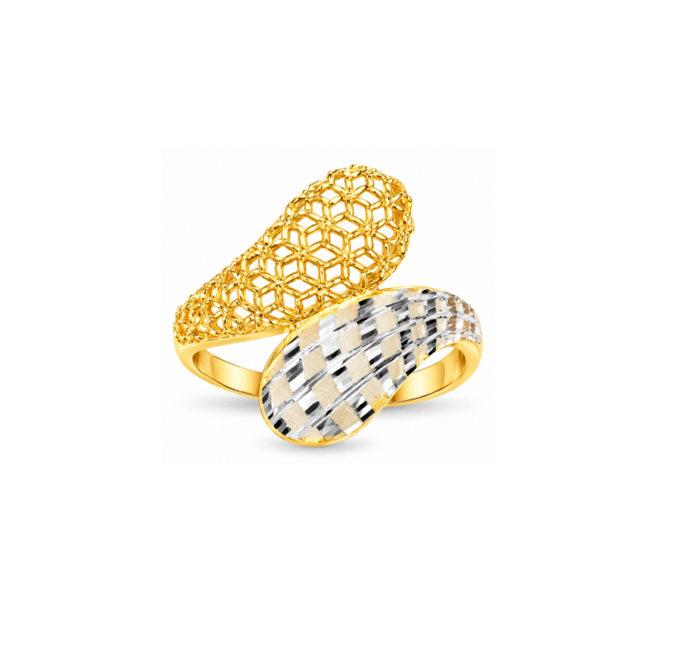 Floral Mesh Dual-Tone Gold Ring with Diamond-Cut Texture