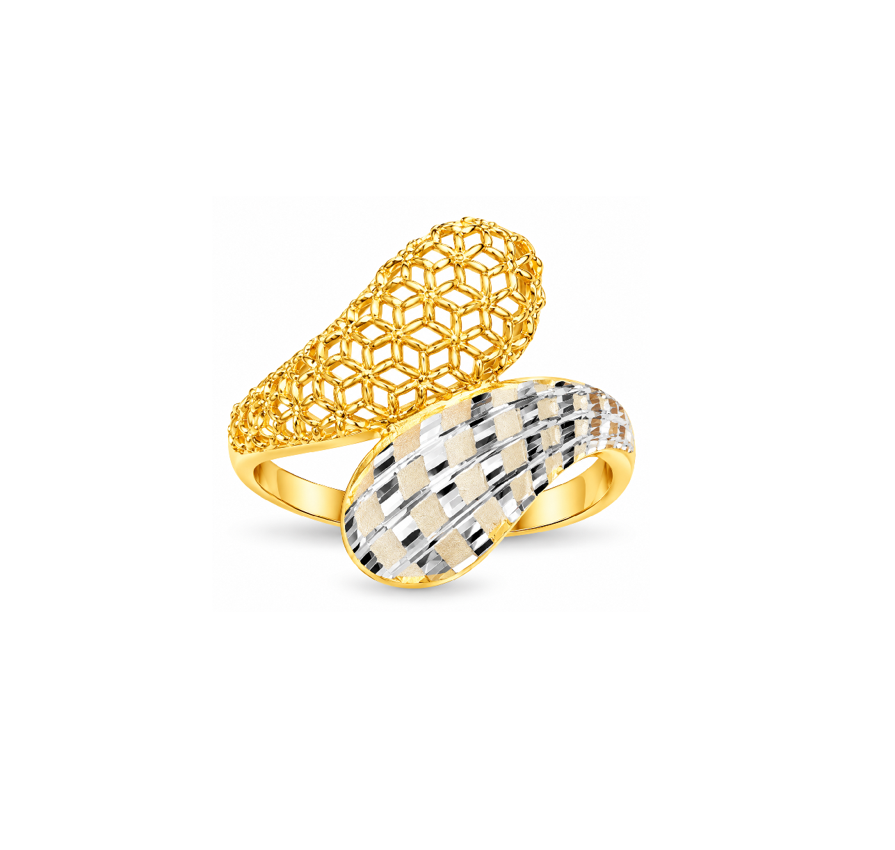 Floral Mesh Dual-Tone Gold Ring with Diamond-Cut Texture
