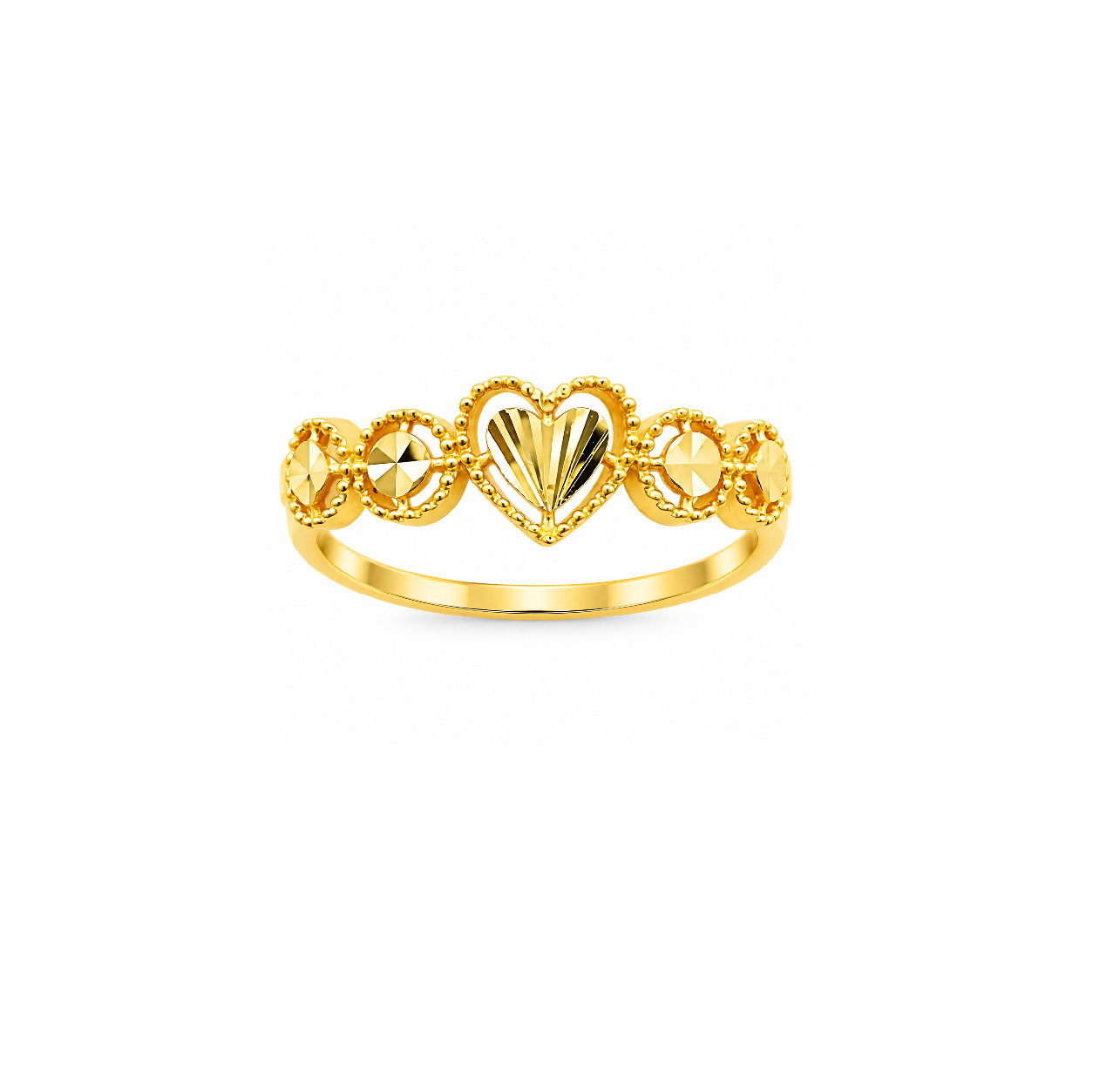 Elegant Heart & Floral Motif Gold Ring with Diamond-Cut Finish