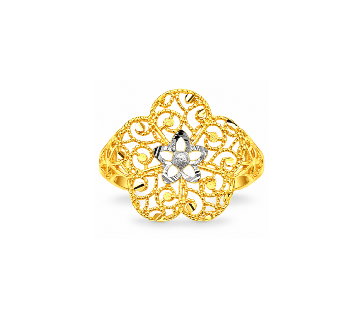 Elegant Floral Beaded Gold Plated Statement Ring with Silver Accent for Women