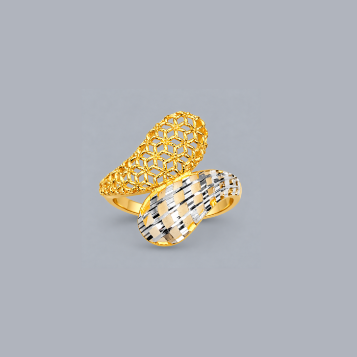 PCT36A068 Floral Mesh Dual-Tone Gold Ring with Diamond-Cut Texture