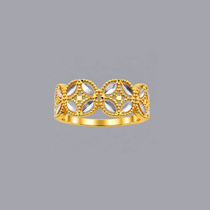 P34T0816 Elegant Two-Tone Leaf Motif Beaded Gold Finger Ring
